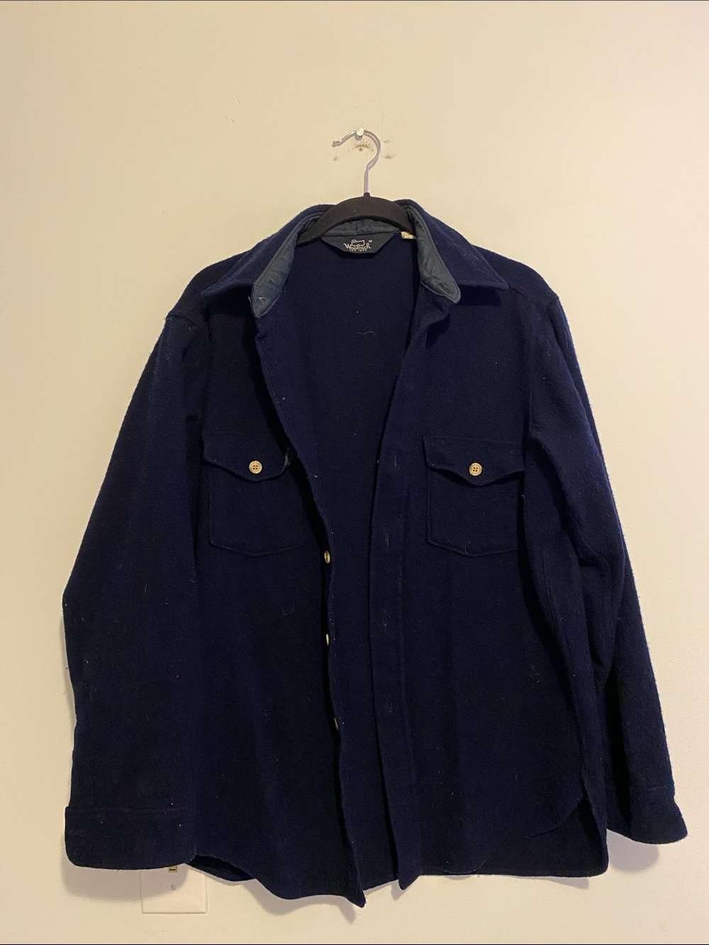 Woolrich Navy Wool Field Jacket with Contrast Collar